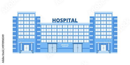 Symmetrical modern hospital building with central reception entrance and two side towers