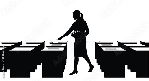 Silhouette of a teacher distributing exam papers in a classroom or lecture hall