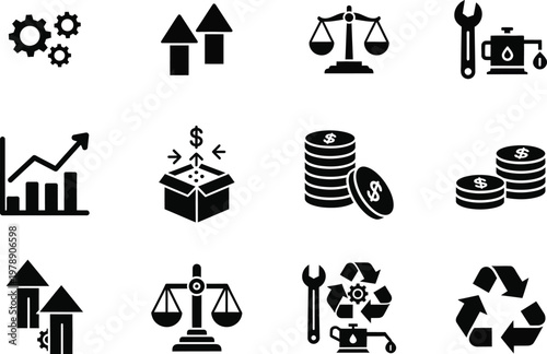 Black silhouette icons representing business finance industry and growth concepts