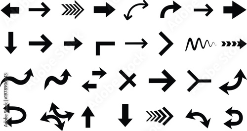 Collection of black arrow icons directional curved and symbolic representations