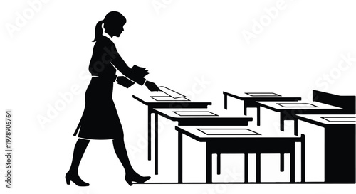Businesswoman organizing paperwork on office desk in modern workspace, professional workspace organization concept