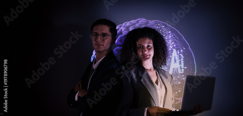 Ai and business. Team discussing and using technology artificial intelligence with digital Ai assistant. Futuristic innovation AI technology collaboration and ideas for future. IT Startup Company.