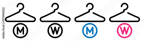Dressing room pictogram set with hanger icons and M W symbols for male and female areas. Locker room, fitting room or cloakroom signage for retail stores, gyms, schools and public facilities. 