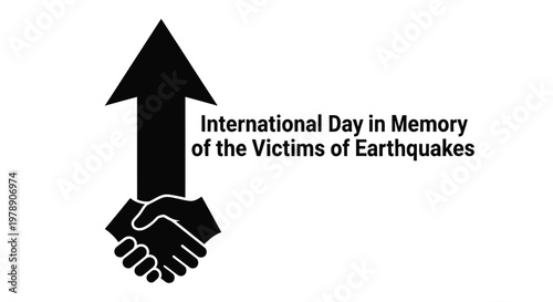 Black arrow and clasped hands commemorating the international day of earthquake victims