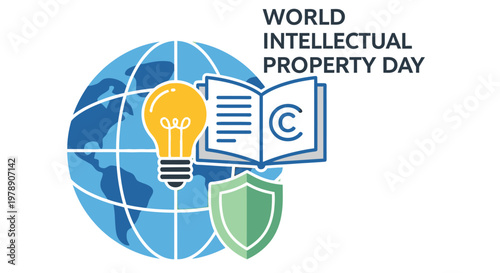 World intellectual property day illustration with globe book and lightbulb