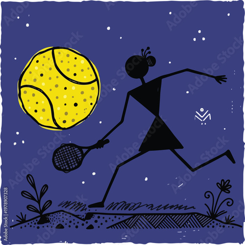 Modern twist on traditional Indian Warli tribal art featuring a female tennis player running under a giant yellow tennis ball moon in a starry night sky