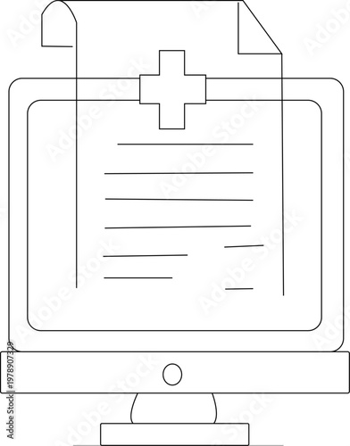 Medical record line icon on computer screen, digital healthcare document vector, electronic patient health history and online medicine report