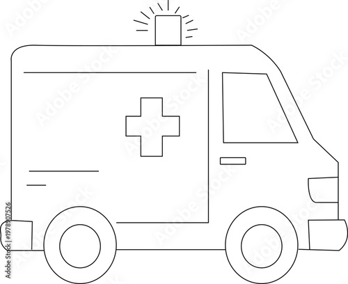 Minimalist ambulance line art vector, medical emergency vehicle icon with siren, healthcare transport van illustration for coloring or UI design