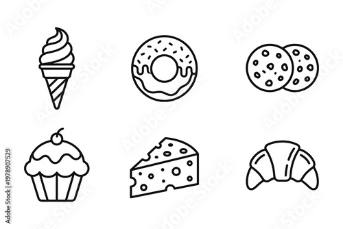 Dessert icons: ice cream cone donut cookies cupcake cheese croissant with cheese slice coffee shop snack time baked goods croissant illustration delicious