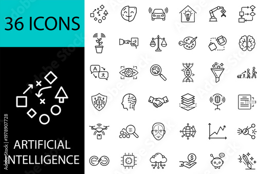 AI & Machine Learning Icons Set - 36 Line Icons for Artificial Intelligence, Automation, Data Analytics, Cloud Computing, Smart Solutions & Digital Transformation - Vector Illustration