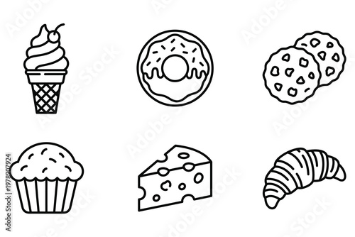 Sweet treat icons: ice cream cone donut cookies cupcake cheese croissant with cheese slice coffee shop snack time baked goods croissant illustration