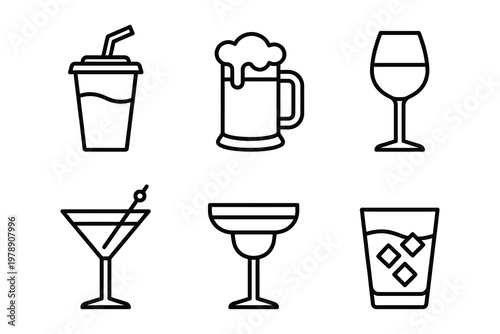 Collection of six assorted beverage icons with wine glass mug with foam cold drink food and drink non alcoholic cocktail glass beer mug coffee cup