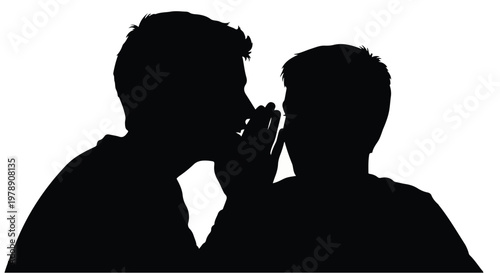 Two men sharing secret whispering in ear silhouette profile view on white background gossiping confidentially