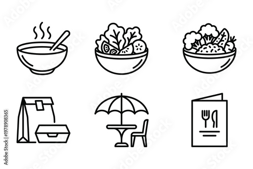 Set of six food and dining icons with bowl of soup fruit salad vegetable salad takeout bag food container outdoor dining umbrella table menu design