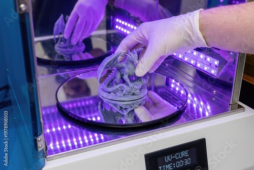 Gloved hand placing a 3d printed resin dragon model into a uv light curing station