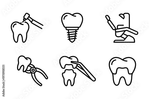 Dental procedure and equipment icons with oral hygiene dental drill implant chair tweezers surgery care instrum