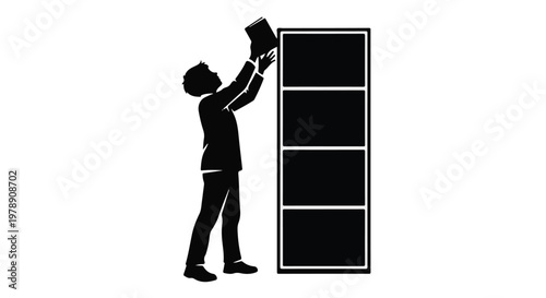 Silhouette of a person reaching to place a book on a tall bookshelf

