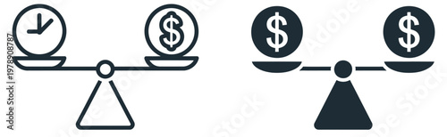 Time vs money scale icon pack, balance comparison symbols, cost efficiency graphics, productivity and financial decision icons, business strategy elements