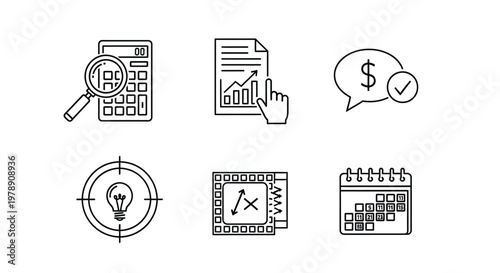Line art icons depicting finance planning innovation and task management concepts high quality