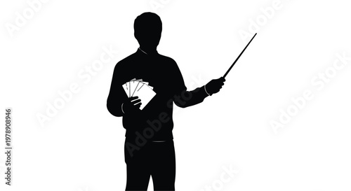 Silhouette of a teacher holding a pointer and papers during a lecture