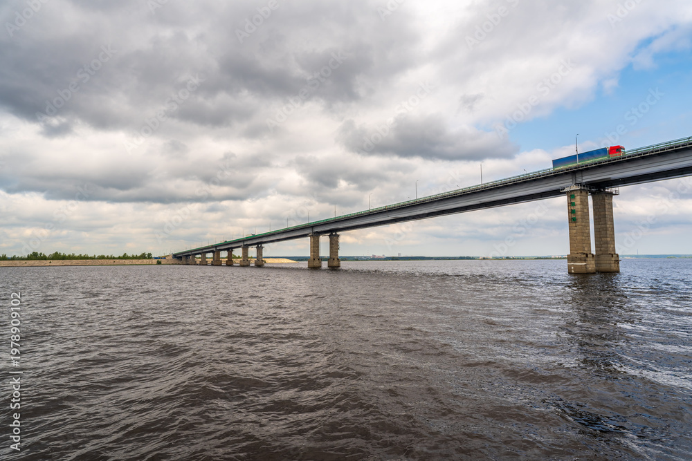 Fototapeta premium The large Zaimishchensky automobile bridge across the Volga River near Kazan, Russia