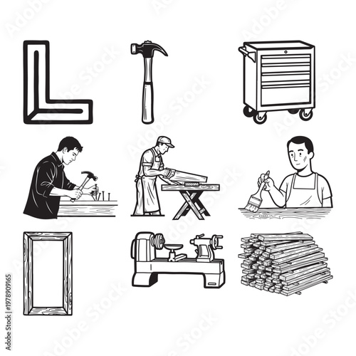 Woodworking Tools and Craftsmen Collection - Vector Icons