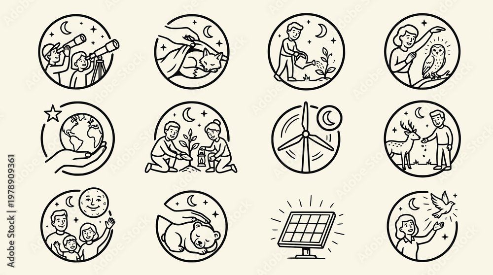 Fototapeta premium Set of circular line icons showing nighttime environmental conservation and sustainable living with people protecting wildlife and using renewable energy