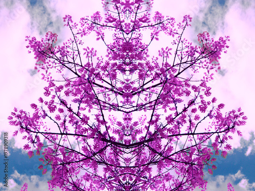 Tablou pe pânză surreal symmetrical tree branch design in pink violet with pink and gray clouds