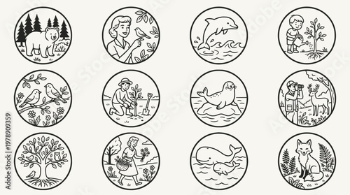 Set of circular line icons for wildlife conservation and nature protection with people planting trees and various animals in natural habitats