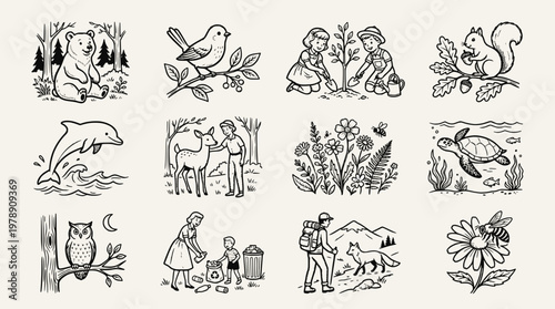 Set of nature and wildlife conservation line icons with people planting trees recycling and animals in natural habitats