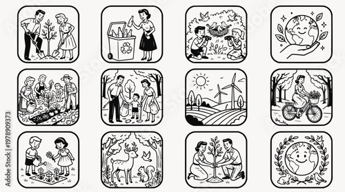 Set of eco friendly lifestyle and environmental conservation line icons with people planting trees recycling and renewable energy concepts
