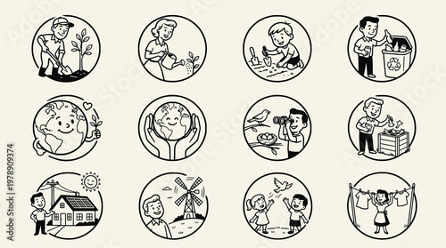 Set of circular line icons for eco friendly lifestyle and environmental protection with people recycling planting trees and using renewable energy