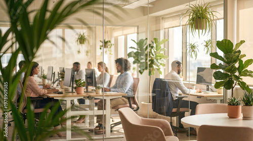 Modern Open Plan Office with Team Working at Computers