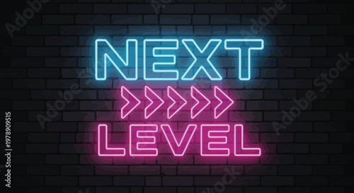 A neon sign displaying next level with directional arrows set against a dark brick wall backdrop