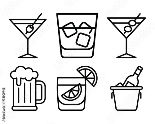 Assortment of alcoholic and non alcoholic beverage icons with cocktails beer chilled wine bottle cocktail refreshment beverage collection