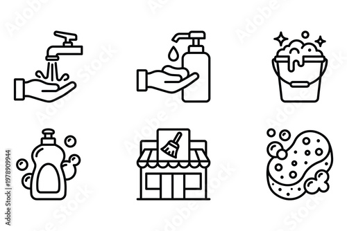 Icons related to hand washing and cleaning a faucet soap dispenser bucket with suds sponge washing hands personal care cleaning dispenser sanitation
