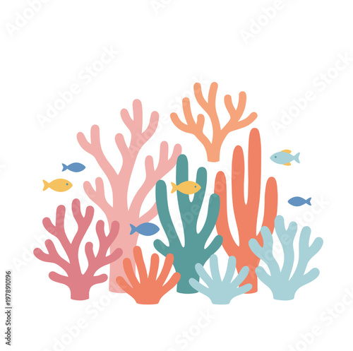 Colorful underwater coral reef scene with small tropical fish on white