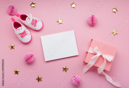Pink Baby Shower Celebration Flat Lay With Gift Box Ribbon Baby  Girl Shoes And Decorative Party Elements On Pink Background