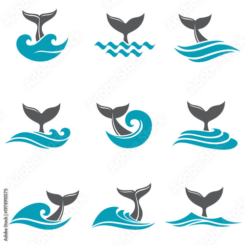 icons collection of whale tail and sea waves isolated on white background