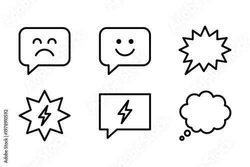 Set of six speech bubble icons with different emotions and symbols white background social media text box dialogue communication lightning notification
