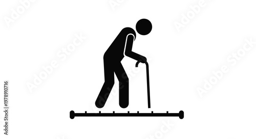 A simple black silhouette depicts an elderly person walking with a cane and assistive device