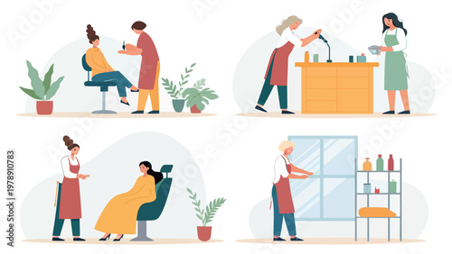 A vibrant illustration of people working and interacting in a modern salon environment with various activities and amenities.