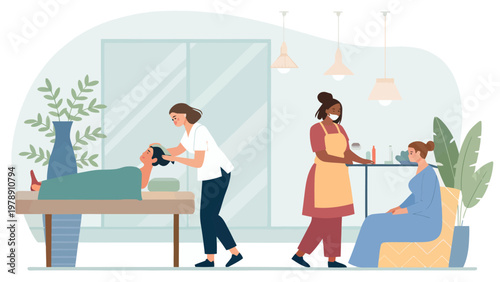 A serene spa scene with professionals providing treatments to clients in a peaceful environment