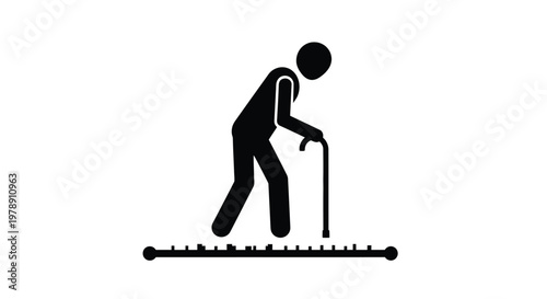 A simple black silhouette depicts an elderly person walking with a cane over steps