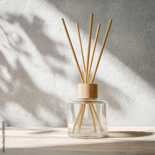 Aromatic reed diffuser casting shadows on sunny minimalist surface