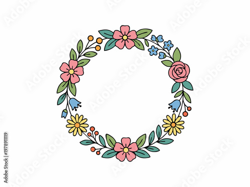 Beautiful Floral Wreath Frame with Colorful Spring Flowers