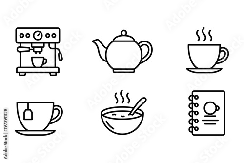 Set of six outline icons for coffee and tea beverages with espresso machine hot drink food preparation hot beverage iced coffee beverage restaurant