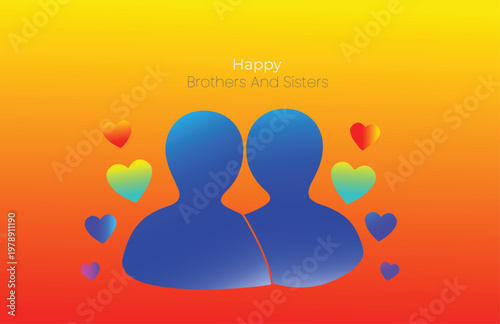 Happy brothers and sisters day celebration with colorful hearts and silhouettes on orange background