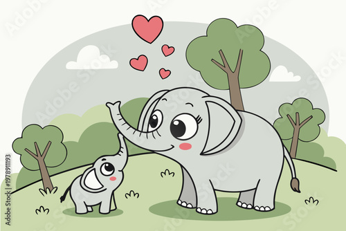 A heartwarming illustration of a mother elephant and her baby in a serene natural setting