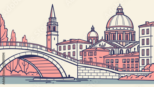 A vibrant cityscape illustration featuring a bridge and historic buildings in a flat, minimal design style.